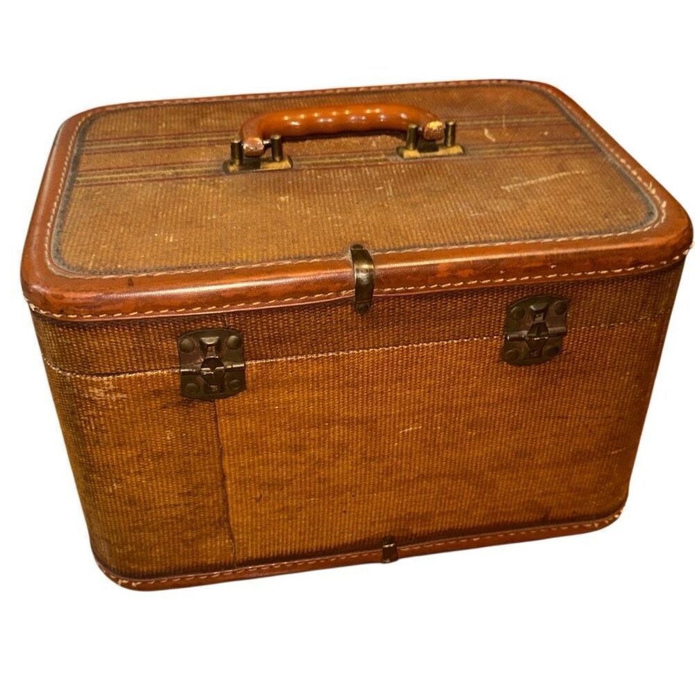 VTG MCM WOODEN, tweed, textured train case w mirror Hard Shell Train/Cosmetic/Ma - Picture 2 of 9